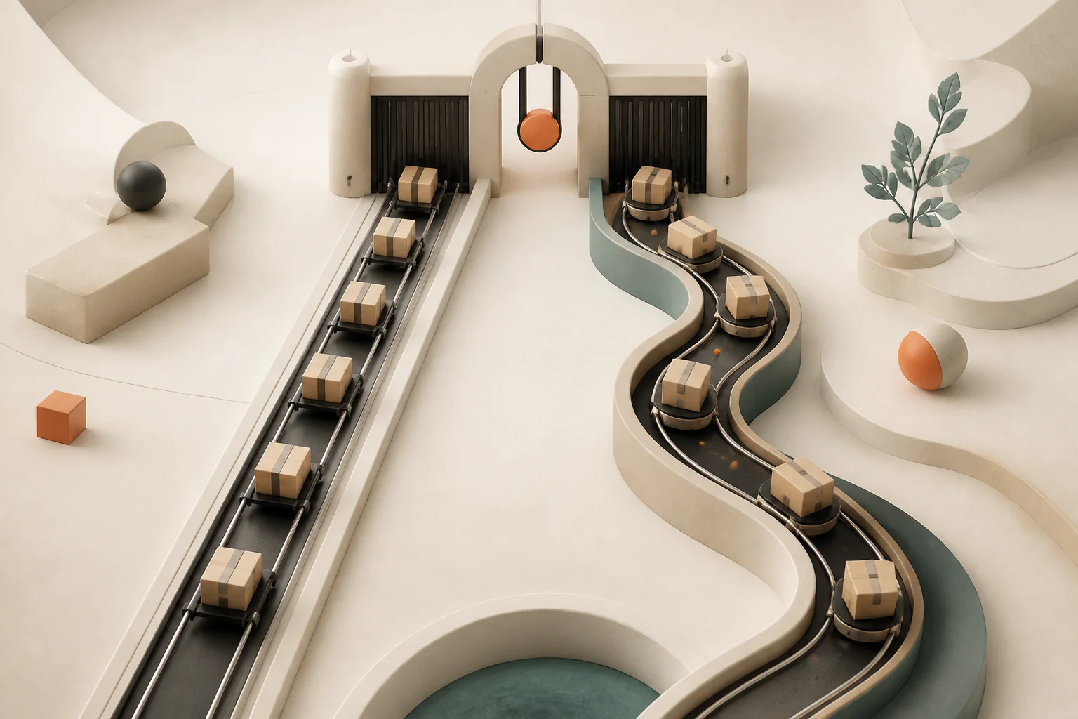 Two connected mechanical paths representing automation and AI agents