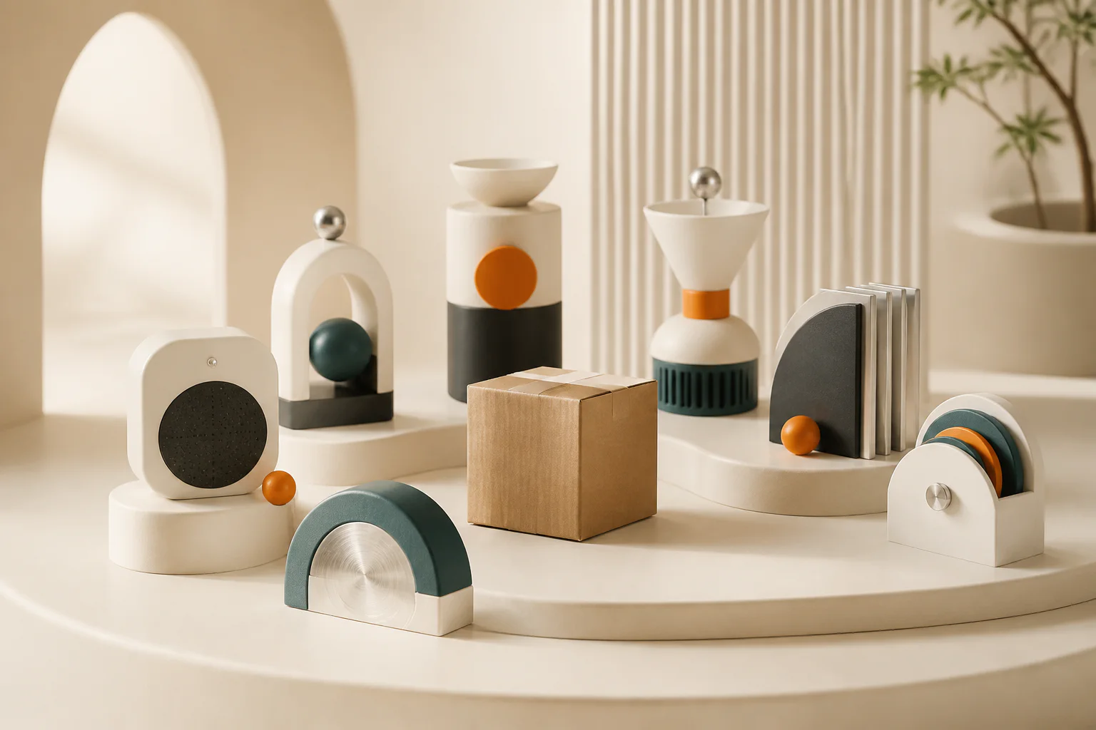 A sculptural editorial still life representing a balanced ecommerce technology stack